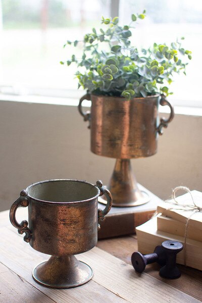 Set Of Two Antique Copper Finish Planters With
